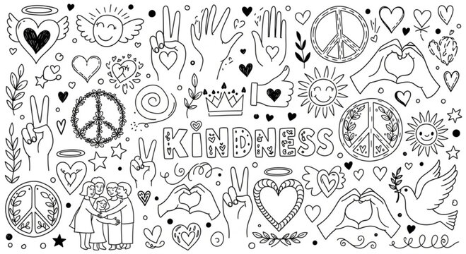 Kindness symbols and hand-drawn doodles with hearts and peace signs