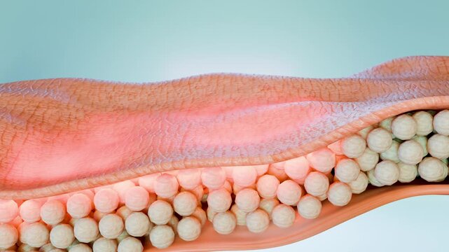 Skin Layer Rinse Smoothing , Animation Serum through the Skin Layer , Skin wrinkle reduction, Skin care, human skin surface, Collagen repair effect, 3d render