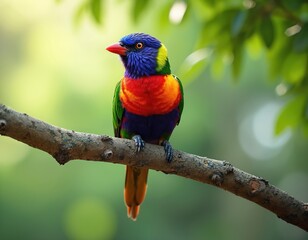 Brightly colored bird with blue, red, yellow, green plumage perches on rough tree branch. Soft green foliage, sunlit bokeh blur form background. Its vibrant colors, detailed feathers are sharp.