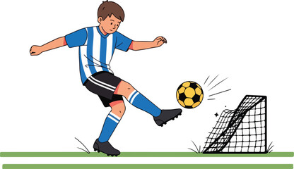 A young boy wearing a blue and white jersey kicks a soccer ball into a small goal.
