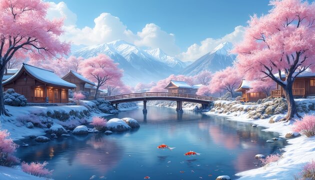 Winter Japanese village photo with cherry blossoms. Snow covers roofs and ground. Bridge over river with koi fish. Mountains and blue sky at background.