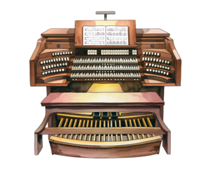 Antique pipe organ console with multiple manuals and pedals