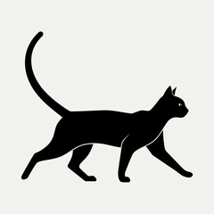 Silhouette of a black cat walking with tail raised gracefully on a vector vector illustration on white background