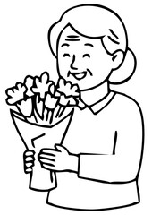 Vector icon of senior woman with birthday flowers, minimalist style, celebratory illustration