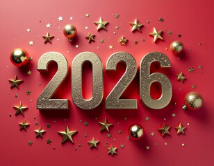 Złoty napis 2026 otoczony gwiazdkami i bombkami na różowym tle © Monika