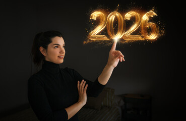 Woman pointing at glowing golden 2026 text for New Year celebration
