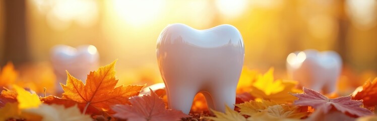 Obraz premium Big white teeth models lie among colorful autumn leaves. Fall foliage, health, decay symbol. Dentist, dental clinic creative design, thanksgiving. Teeth on leaves shows dental health, whitening, oral