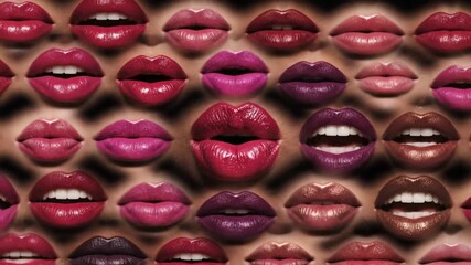 A vibrant collage of diverse lips showcasing various lipstick shades and expressions against a textured background