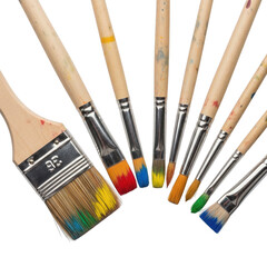 Collection of art paint brushes with colorful paint isolated on transparent background
