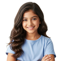 Smiling young girl with long brown hair isolated on transparent background