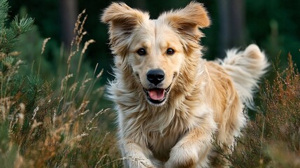 Joyful Golden Retriever Running Through Lush Green Field