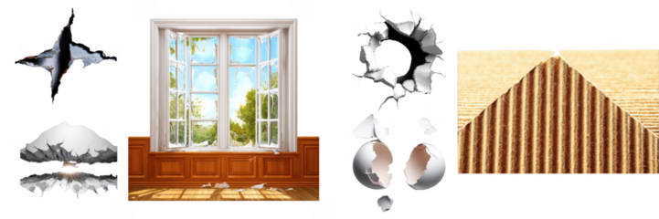 Composite image showcasing destruction featuring broken glass, cracked eggs, destroyed window, and torn paper elements, all isolated on transparent background