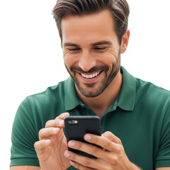 Smiling man using smartphone isolated on transparent background
