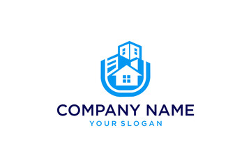 Modern Real Estate Company Logo with House and Building Icons in Blue