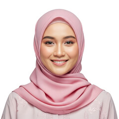 Young woman wearing a pink hijab smiling isolated on transparent background