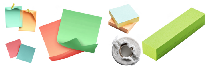 Assorted office stationery, including colorful sticky notes, tape and sponge, displayed against a clean black background on transparent background