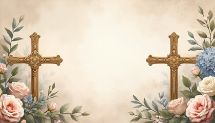 Two ornate golden crosses stand on soft beige background. Pink, white, blue roses, hydrangeas, green leaves gracefully frame crosses from corners. Elegant watercolor floral design perfect for