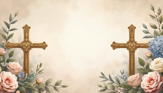 Two ornate golden crosses stand on soft beige background. Pink, white, blue roses, hydrangeas, green leaves gracefully frame crosses from corners. Elegant watercolor floral design perfect for