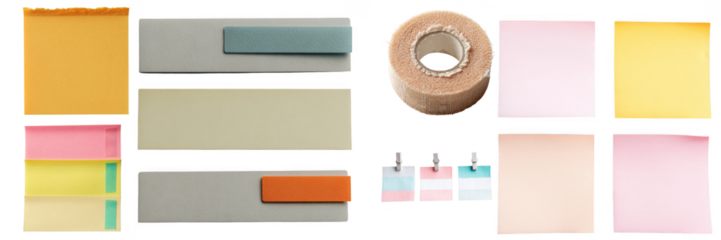 Assorted textures and stationery items, featuring sticky notes, and textured surfaces, creatively arranged for diverse applications on transparent background
