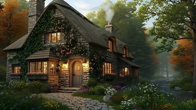 Enchanting cottage nestled in autumn forest, smoke rising from chimney, promising warmth and rustic charm in a storybook setting