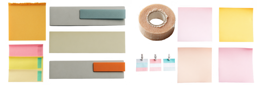 Assorted textures and stationery items, featuring sticky notes, and textured surfaces, creatively arranged for diverse applications on transparent background