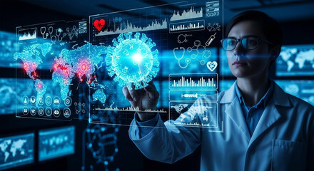 Scientist interacts with global virus data medical research