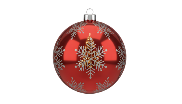 Red Christmas ornament with snowflake isolated on transparent background