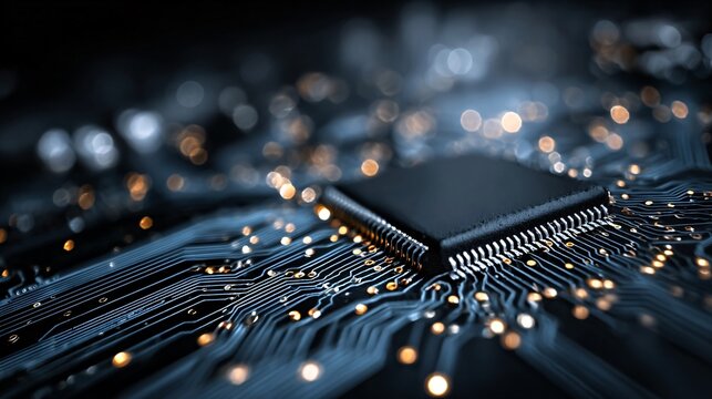 Close Up of Circuit Board with Microchip and Glowing Lights - Powered by Adobe