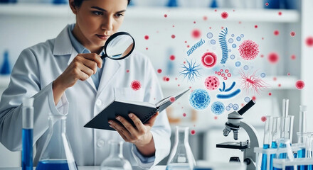 Scientist examines microbes with magnifier and book woman coat
