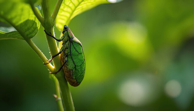 Green leaf insect on a stem. This is a close-up photo of a Phylliidae insect. It is a stunning example of natural camouflage. The bug blends with surrounding plants.