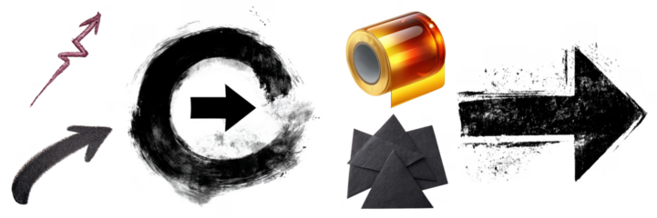 Artistic arrangement featuring arrows, circle, metallic tape, and dark triangles creating dynamic graphic elements on transparent background