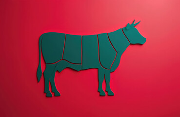 Fototapeta premium Modern dark green cow silhouette paper art shows beef cutting diagram on vibrant red background. Graphic visualizes different meat cuts from cattle animal. Provides simple guide for butchery, food