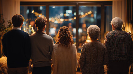 Obraz premium Family watching New Year’s fireworks through the window, sharing warmth, love, and togetherness on a cozy winter night. New year celebration together with family, enjoying quality time.