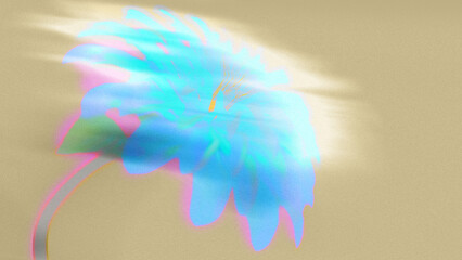 ethereal neon blurry floral abstract art with blue flower on soft beige background