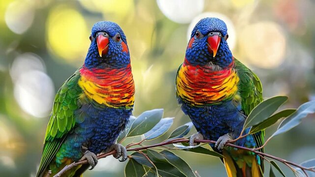 close-up of a couple rainbow lorikeets bird australian forest video