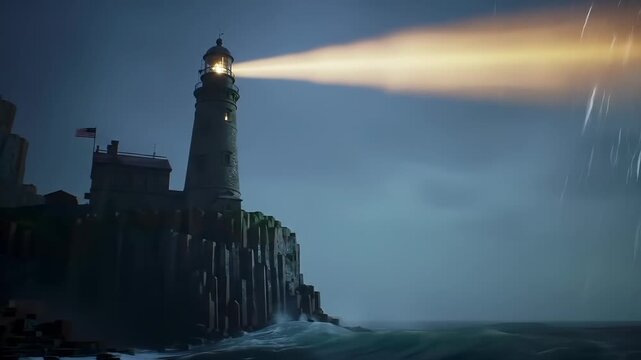Moody lighthouse pierces the dramatic stormy night from its rugged cliff, enduring crashing ocean waves and relentless rain.