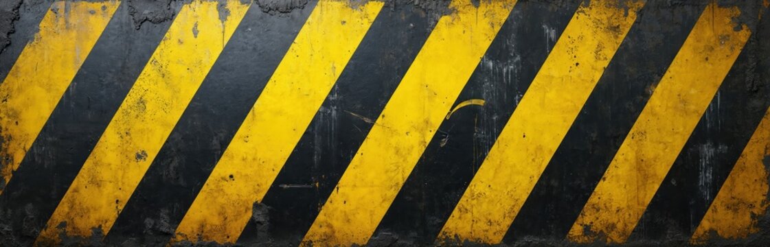 Weathered concrete wall with diagonal black and yellow hazard stripes shows wear and tear. This industrial warning pattern suggests danger and caution zones on a rough surface.