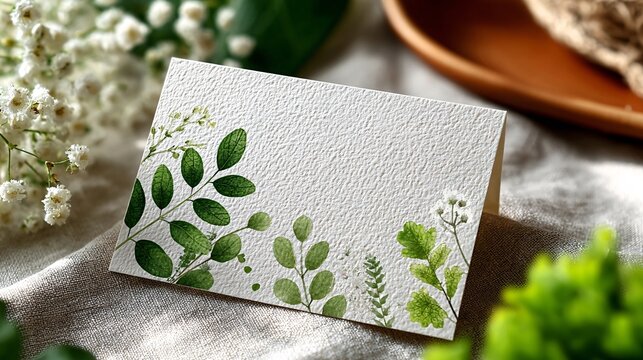 Elegant Watercolor Greeting Card Surrounded by Fresh Greenery