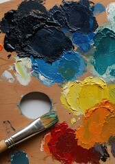 Fototapeta premium A close-up view of vibrant oil paints mixed on an artist's wooden palette, showcasing rich textures and diverse hues ,inspiration ,material ,painter