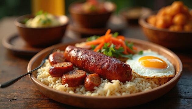 Filipino longganisa sausage with rice, fried egg, and salad served on a wooden plate. This flavorful pork dish is perfect for breakfast, lunch or dinner. A delicious and savory meal.