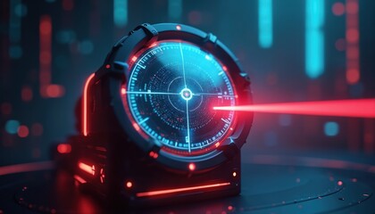 Futuristic radar screen with blue digital interface shows data on dark tech background. Red laser beam emits from high tech targeting device for security, surveillance, defense system. Advanced