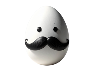 Whimsical egg character with black moustache and eyes on black background