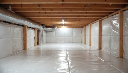 Clean unfinished crawl space under house foundation. Wooden floor joists, beams support structure. White vapor barrier covers walls, ground for moisture control. Metal ductwork runs along ceiling,