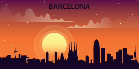 Stylized vector illustration of the silhouette of Barcelona against the backdrop of a bright sunset.