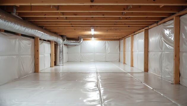 Clean unfinished crawl space under house foundation. Wooden floor joists, beams support structure. White vapor barrier covers walls, ground for moisture control. Metal ductwork runs along ceiling,