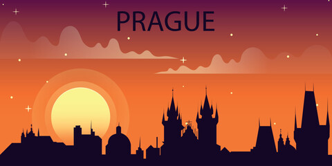 Stylized vector illustration of Prague's skyline against a bright sunset.