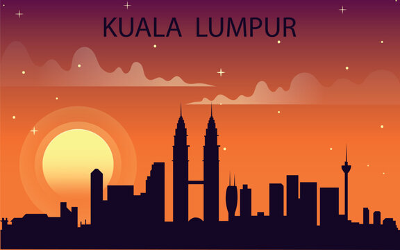 Stylized vector illustration of the Kuala Lumpur skyline against a bright sunset.