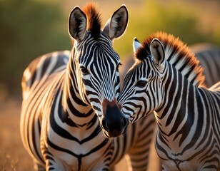 Fototapeta premium Adult zebra, baby foal stand close in African savanna nature. Black, white stripes shine with golden light. Wild animals show strong bond at sunset. Family love in wilderness. Parent, baby together.