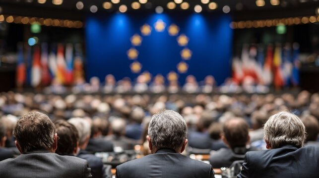 European Union Meeting with Delegates and Flags in Conference Room