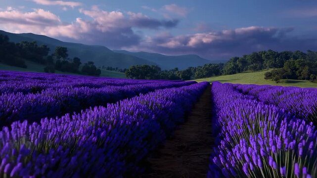 Expansive field of purple blossoms in parallel rows with a central pathway leading towards distant mountains under a cloudy sky